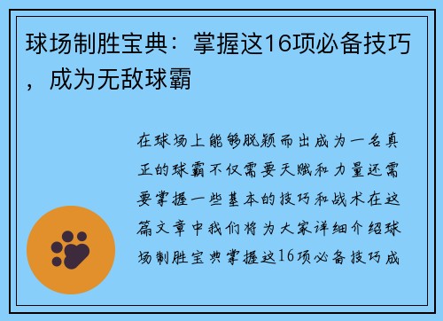 球场制胜宝典：掌握这16项必备技巧，成为无敌球霸