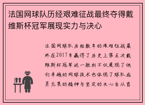 法国网球队历经艰难征战最终夺得戴维斯杯冠军展现实力与决心