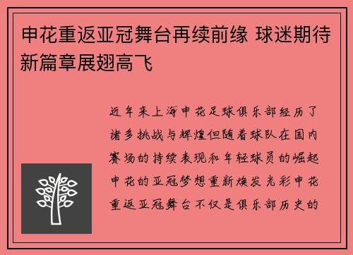 申花重返亚冠舞台再续前缘 球迷期待新篇章展翅高飞